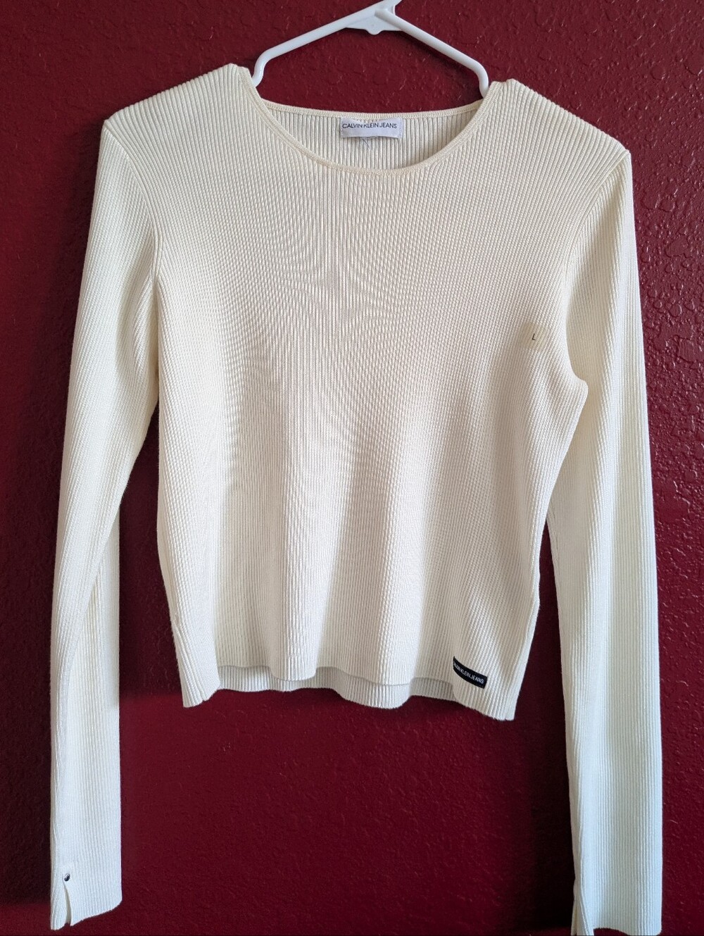 Calvin Klein Jeans Women's Ribbed Long Sleeve Top Cream / Off-White Size L
